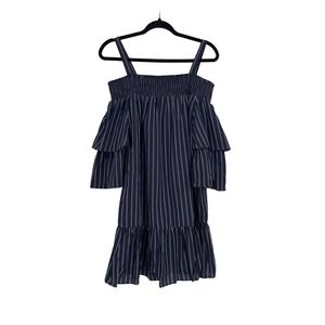 Anthropologie English Factory Blue Striped Off-shoulder Cottage Core Dress Med